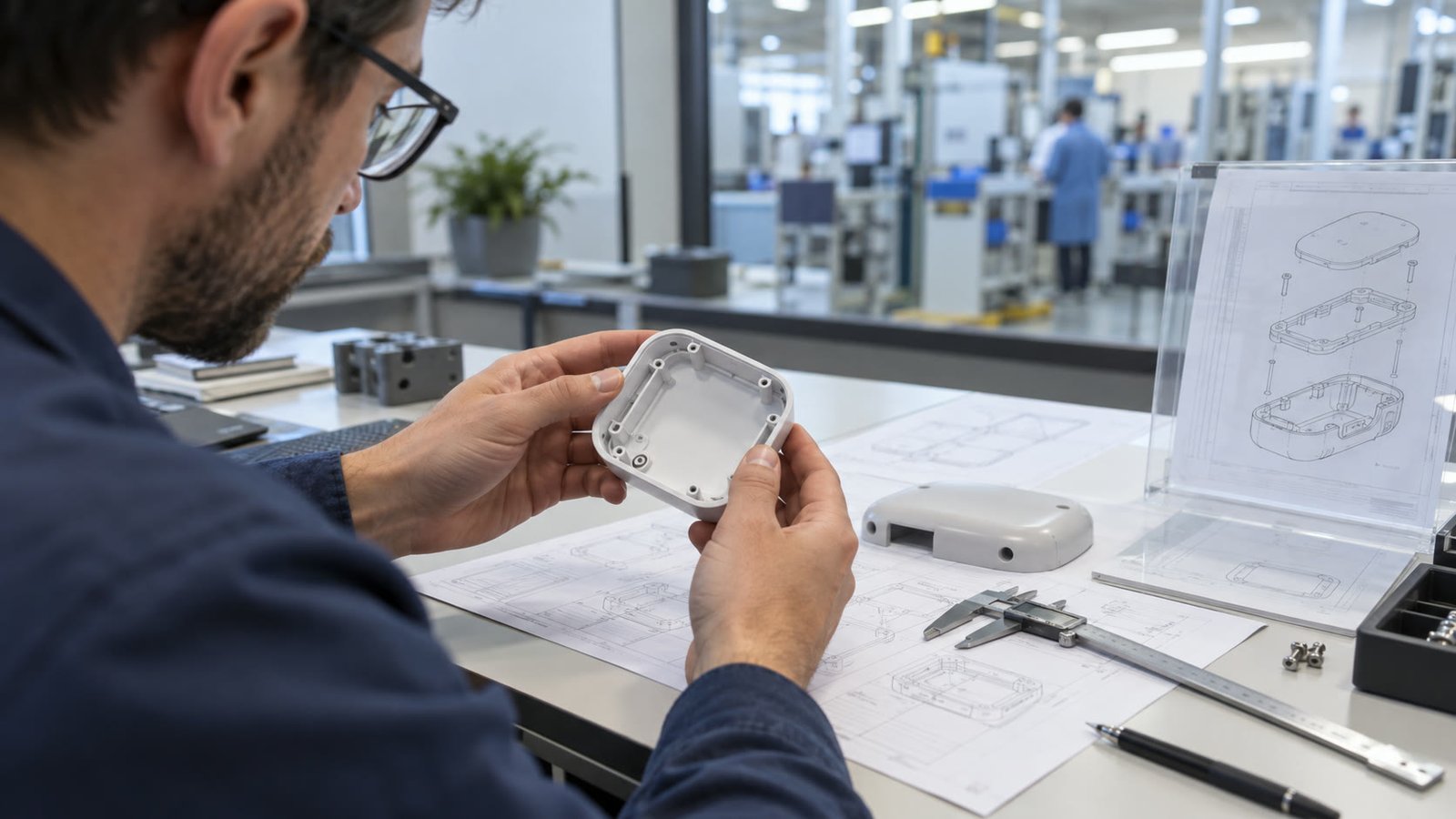 Illustrative rendering of an engineer reviewing a component alongside a technical drawing.