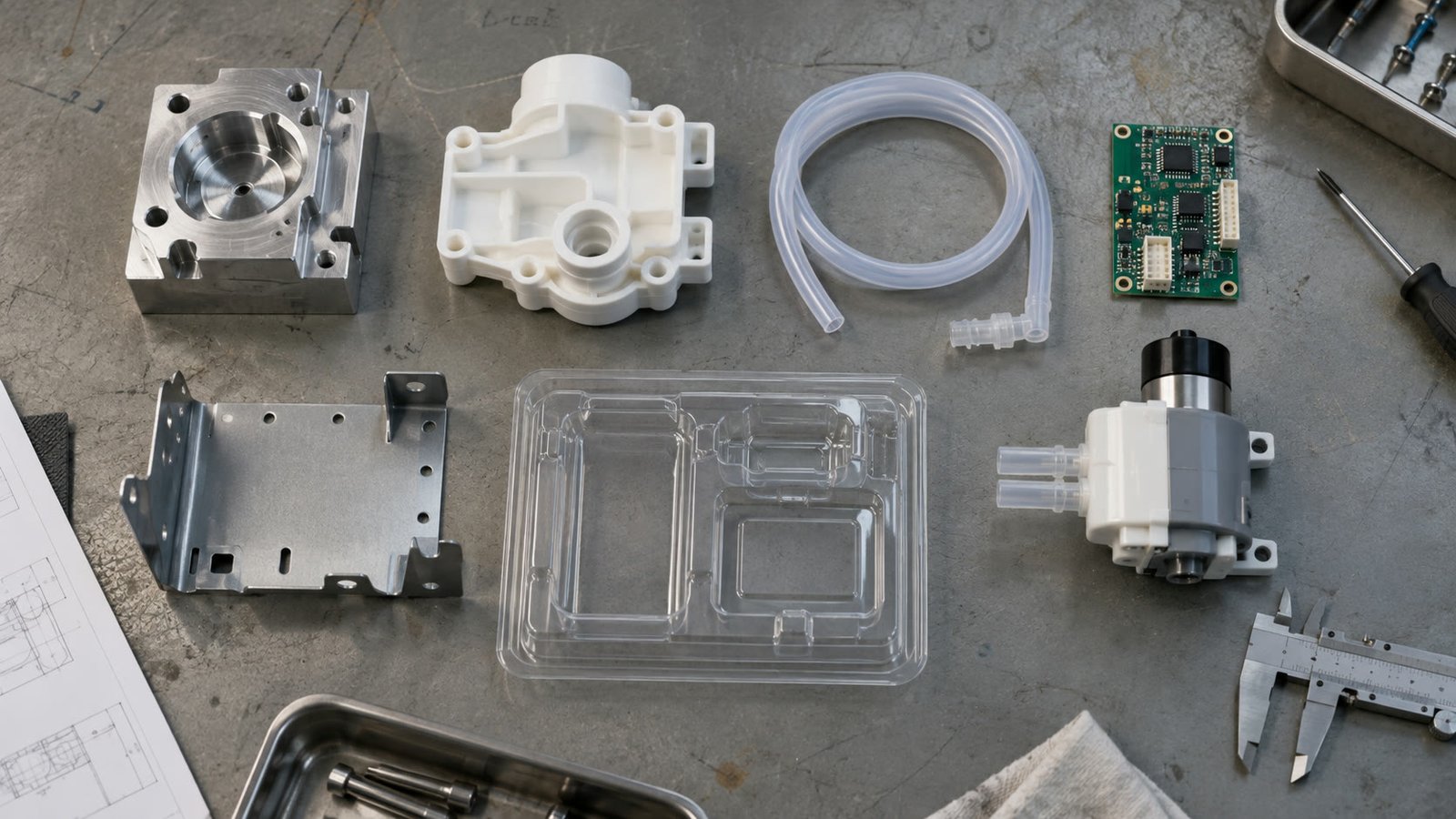 Illustrative rendering of machined metal, molded plastic, electronics and assembly components.
