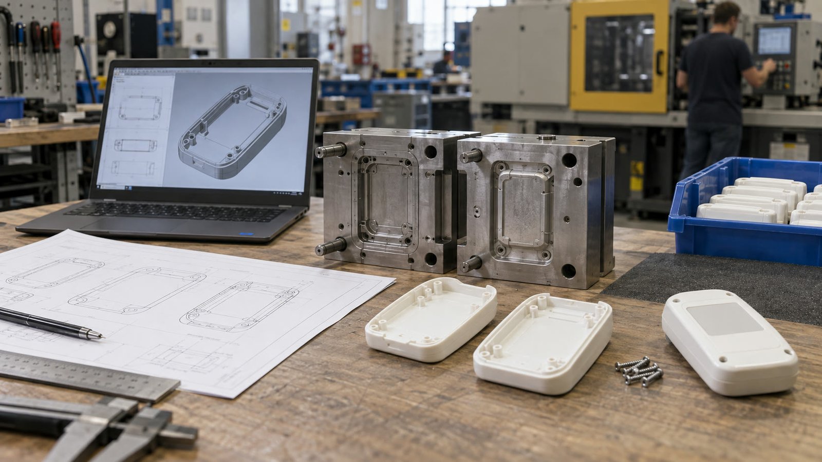Illustrative rendering of CAD, production tooling and molded trial parts on a factory workbench.