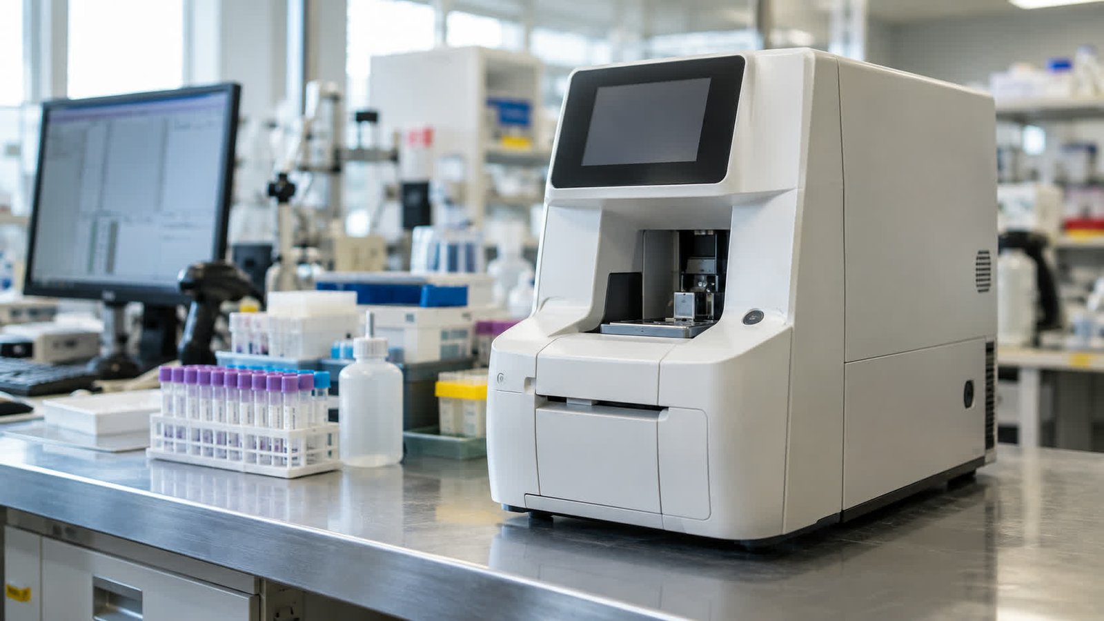 Illustrative rendering of a compact diagnostic instrument on a laboratory workbench