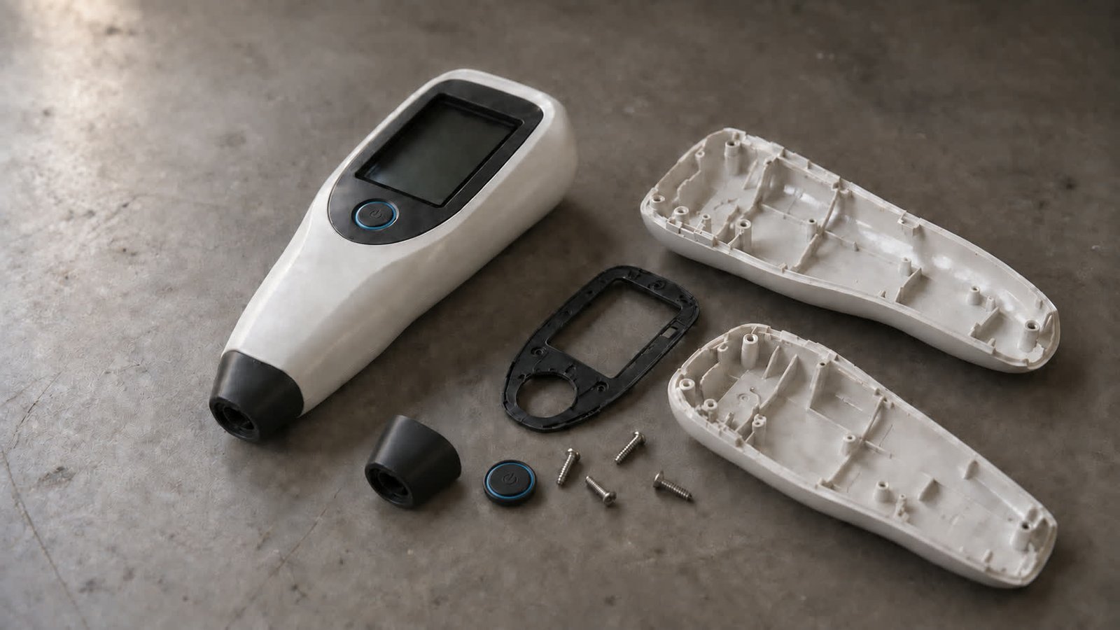 Illustrative rendering of a white and black handheld enclosure with its separate molded components