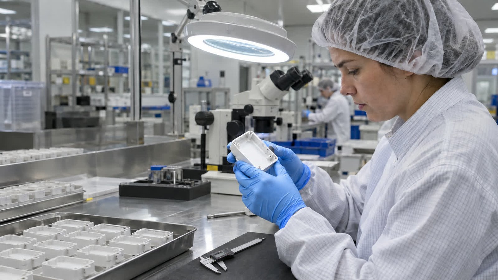 Illustrative rendering of an operator inspecting a white medical enclosure